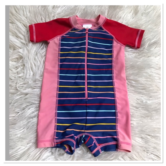 Hanna Andersson One Piece Swimsuit Rashguard Pink Red Striped Size 70/ 6-12M - Picture 1 of 5